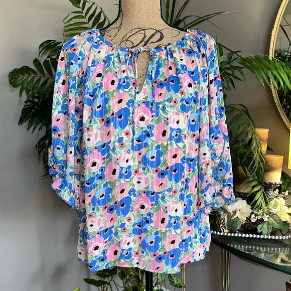 Jade Melody Tam Tops - Vibrant Floral Blouse in Blue, Pink, and White